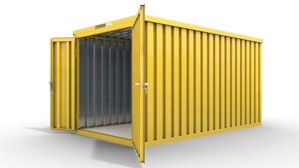 Lagercontainer M  – 6 qm, H2150 x B3050 x T2170 mm, Außenwandlackierung RAL 1003 signalgelb, Dach außen verzinkt, mit Holzfußboden, 1830 mm Doppelflügeltür mittig in Stirnseite, montiert