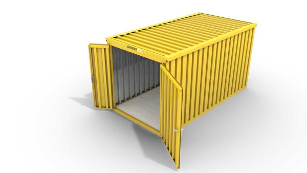 Lagercontainer M  – 6 qm, H2150 x B3050 x T2170 mm, Außenwandlackierung RAL 1003 signalgelb, Dach außen verzinkt, mit Holzfußboden, 1830 mm Doppelflügeltür mittig in Stirnseite, montiert