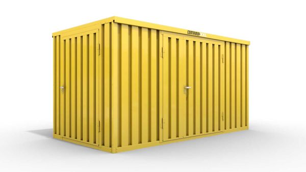 Lagercontainer L  – 8 qm, H2150 x B4050 x T2170 mm, Außenwandlackierung RAL 1003 signalgelb, Dach außen verzinkt, mit Holzfußboden, 1830 mm Doppelflügeltür mittig in Breitseite und 1270 mm Einflügeltür mittig in Stirnseite, montiert