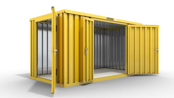 Lagercontainer M  – 6 qm, H2150 x B3050 x T2170 mm, Außenwandlackierung RAL 1003 signalgelb, Dach außen verzinkt, mit Holzfußboden, 1830 mm Doppelflügeltür mittig in Breitseite und 1270 mm Einflügeltür mittig in Stirnseite, montiert