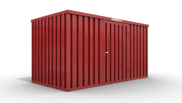 Lagercontainer L  – 8 qm, H2150 x B4050 x T2170 mm, Außenwandlackierung RAL 3000 feuerrot, Dach außen verzinkt, mit Holzfußboden, 1270 mm Einflügeltür mittig in Breitseite, montiert