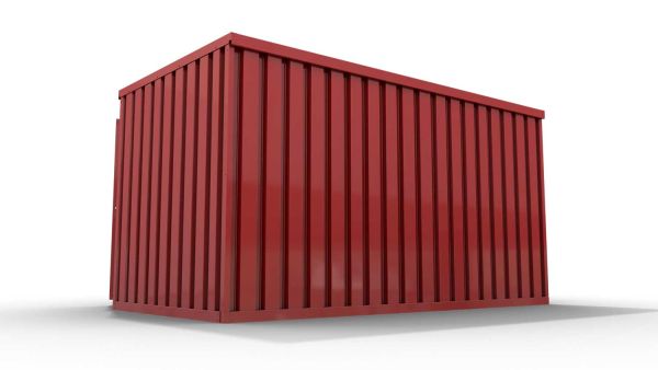 Lagercontainer L  – 8 qm, H2150 x B4050 x T2170 mm, Außenwandlackierung RAL 3000 feuerrot, Dach außen verzinkt, mit Holzfußboden, 1270 mm Einflügeltür mittig in Breitseite, montiert