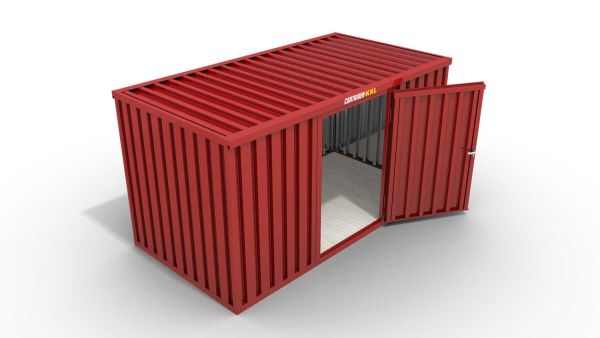 Lagercontainer L  – 8 qm, H2150 x B4050 x T2170 mm, Außenwandlackierung RAL 3000 feuerrot, Dach außen verzinkt, mit Holzfußboden, 1270 mm Einflügeltür mittig in Breitseite, montiert