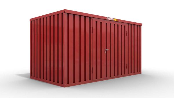 Lagercontainer L  – 8 qm, H2150 x B4050 x T2170 mm, Außenwandlackierung RAL 3000 feuerrot, Dach außen verzinkt, mit Holzfußboden, 1830 mm Doppelflügeltür mittig in Breitseite, montiert