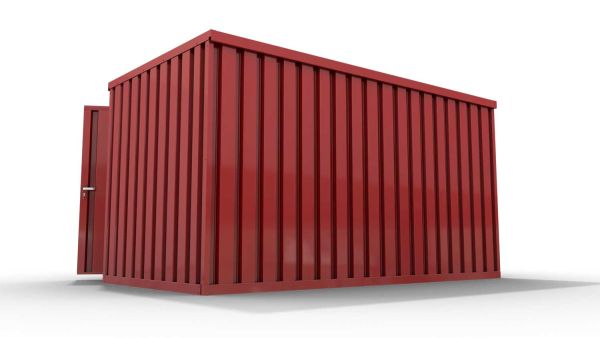 Lagercontainer M  – 6 qm, H2150 x B3050 x T2170 mm, Außenwandlackierung RAL 3000 feuerrot, Dach außen verzinkt, mit Holzfußboden, 1830 mm Doppelflügeltür mittig in Breitseite, montiert