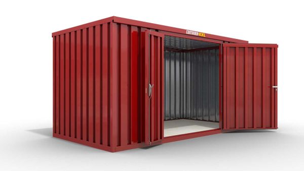 Lagercontainer M  – 6 qm, H2150 x B3050 x T2170 mm, Außenwandlackierung RAL 3000 feuerrot, Dach außen verzinkt, mit Holzfußboden, 1830 mm Doppelflügeltür mittig in Breitseite, montiert