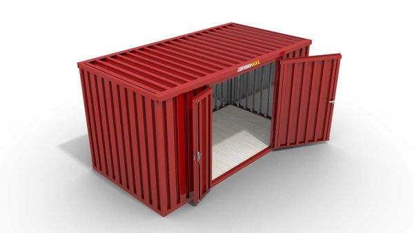 Lagercontainer M  – 6 qm, H2150 x B3050 x T2170 mm, Außenwandlackierung RAL 3000 feuerrot, Dach außen verzinkt, mit Holzfußboden, 1830 mm Doppelflügeltür mittig in Breitseite, montiert