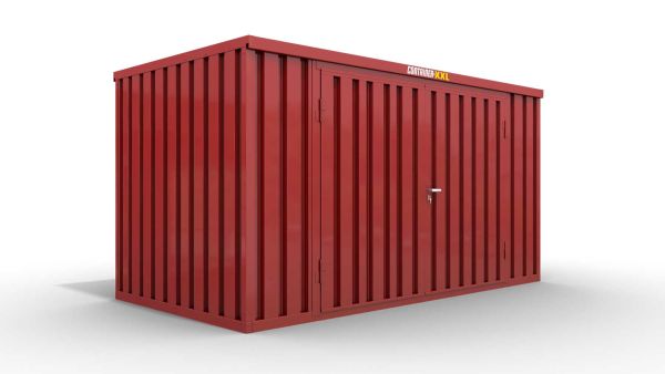 Lagercontainer M  – 6 qm, H2150 x B3050 x T2170 mm, Außenwandlackierung RAL 3000 feuerrot, Dach außen verzinkt, mit Holzfußboden, 2750 mm Doppelflügeltür mittig in Breitseite, montiert