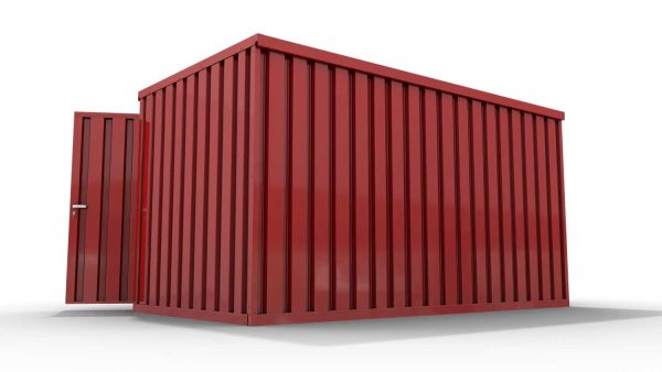 Lagercontainer L  – 8 qm, H2150 x B4050 x T2170 mm, Außenwandlackierung RAL 3000 feuerrot, Dach außen verzinkt, mit Holzfußboden, 2750 mm Doppelflügeltür mittig in Breitseite, montiert