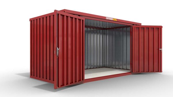 Lagercontainer M  – 6 qm, H2150 x B3050 x T2170 mm, Außenwandlackierung RAL 3000 feuerrot, Dach außen verzinkt, mit Holzfußboden, 2750 mm Doppelflügeltür mittig in Breitseite, montiert