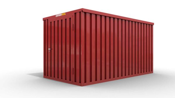 Lagercontainer M  – 6 qm, H2150 x B3050 x T2170 mm, Außenwandlackierung RAL 3000 feuerrot, Dach außen verzinkt, mit Holzfußboden, 1270 mm Einflügeltür mittig in Stirnseite, montiert