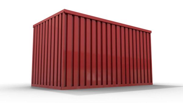 Lagercontainer M  – 6 qm, H2150 x B3050 x T2170 mm, Außenwandlackierung RAL 3000 feuerrot, Dach außen verzinkt, mit Holzfußboden, 1270 mm Einflügeltür mittig in Stirnseite, montiert