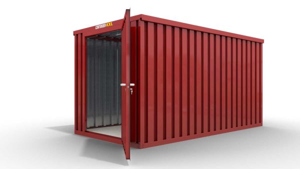 Lagercontainer M  – 6 qm, H2150 x B3050 x T2170 mm, Außenwandlackierung RAL 3000 feuerrot, Dach außen verzinkt, mit Holzfußboden, 1270 mm Einflügeltür mittig in Stirnseite, montiert