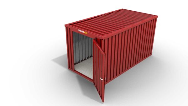 Lagercontainer XL  – 10 qm, H2150 x B5080 x T2170 mm, Außenwandlackierung RAL 3000 feuerrot, Dach außen verzinkt, mit Holzfußboden, 1270 mm Einflügeltür mittig in Stirnseite, montiert