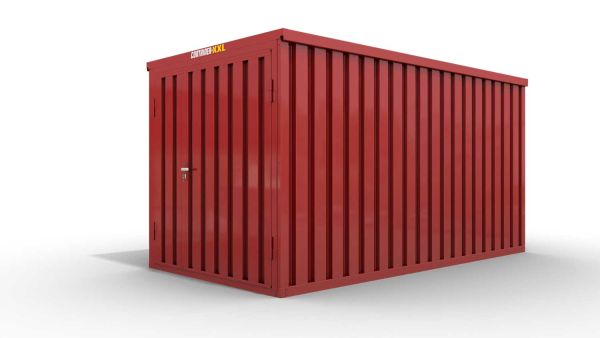 Lagercontainer L  – 8 qm, H2150 x B4050 x T2170 mm, Außenwandlackierung RAL 3000 feuerrot, Dach außen verzinkt, mit Holzfußboden, 1830 mm Doppelflügeltür mittig in Stirnseite, montiert