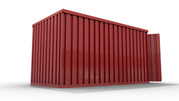 Lagercontainer L  – 8 qm, H2150 x B4050 x T2170 mm, Außenwandlackierung RAL 3000 feuerrot, Dach außen verzinkt, mit Holzfußboden, 1830 mm Doppelflügeltür mittig in Stirnseite, montiert