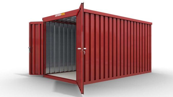 Lagercontainer M  – 6 qm, H2150 x B3050 x T2170 mm, Außenwandlackierung RAL 3000 feuerrot, Dach außen verzinkt, mit Holzfußboden, 1830 mm Doppelflügeltür mittig in Stirnseite, montiert