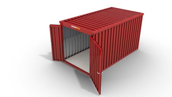 Lagercontainer L  – 8 qm, H2150 x B4050 x T2170 mm, Außenwandlackierung RAL 3000 feuerrot, Dach außen verzinkt, mit Holzfußboden, 1830 mm Doppelflügeltür mittig in Stirnseite, montiert