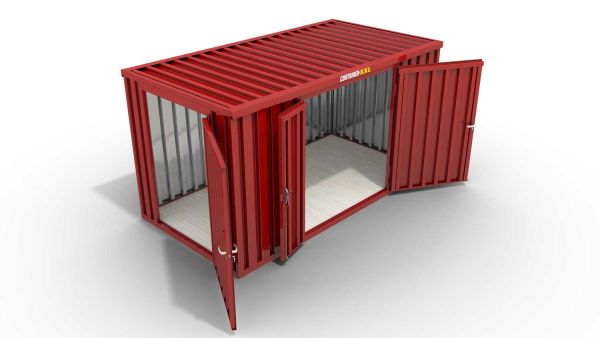 Lagercontainer M  – 6 qm, H2150 x B3050 x T2170 mm, Außenwandlackierung RAL 3000 feuerrot, Dach außen verzinkt, mit Holzfußboden, 1830 mm Doppelflügeltür mittig in Breitseite und 1270 mm Einflügeltür mittig in Stirnseite, montiert