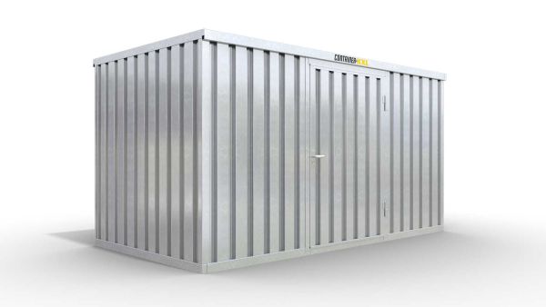 Lagercontainer L  – 8 qm, H2150 x B4050 x T2170 mm, verzinkt, mit Holzfußboden, 1270 mm Einflügeltür mittig in Breitseite, zerlegt