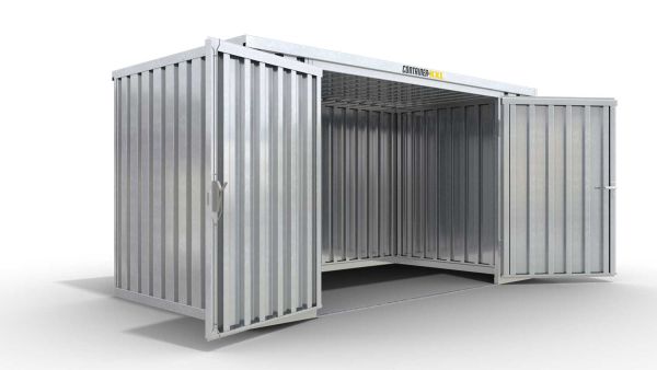 Lagercontainer M  – 6 qm, H2115 x B3050 x T2170 mm, verzinkt, ohne Fußboden, 2750 mm Doppelflügeltür mittig in Breitseite, zerlegt