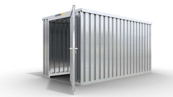 Lagercontainer M  – 6 qm, H2115 x B3050 x T2170 mm, verzinkt, ohne Fußboden, 1270 mm Einflügeltür mittig in Stirnseite, zerlegt