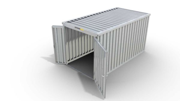 Lagercontainer M  – 6 qm, H2115 x B3050 x T2170 mm, verzinkt, ohne Fußboden, 1830 mm Doppelflügeltür mittig in Stirnseite, zerlegt