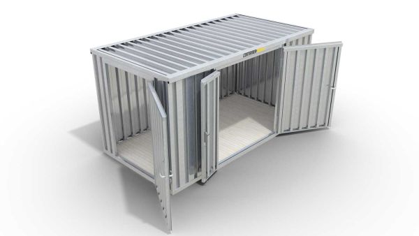 Lagercontainer M  – 6 qm, H2150 x B3050 x T2170 mm, verzinkt, mit Holzfußboden, 1830 mm Doppelflügeltür mittig in Breitseite und 1270 mm Einflügeltür mittig in Stirnseite, zerlegt