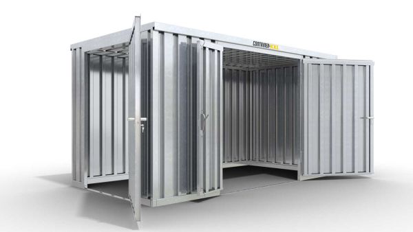 Lagercontainer M  – 6 qm, H2115 x B3050 x T2170 mm, verzinkt, ohne Fußboden, 1830 mm Doppelflügeltür mittig in Breitseite und 1270 mm Einflügeltür mittig in Stirnseite, zerlegt