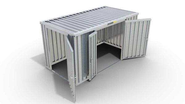 Lagercontainer XL  – 10 qm, H2115 x B5080 x T2170 mm, verzinkt, ohne Fußboden, 1830 mm Doppelflügeltür mittig in Breitseite und 1270 mm Einflügeltür mittig in Stirnseite, zerlegt