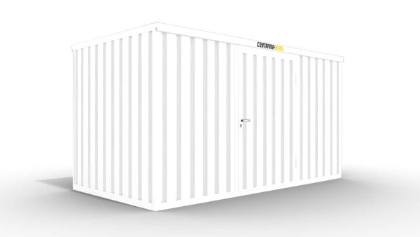 Isolierter Lagercontainer – 8 qm, 2405 x 4050 x 2170 mm, grauweiß, mit Holzfußboden, 1180 mm Einflügeltür mittig in Breitseite, montiert