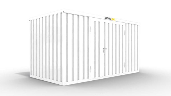 Isolierter Lagercontainer – 6 qm, 2405 x 3050 x 2170 mm, grauweiß, mit Holzfußboden, 1840 mm Doppelflügeltür mittig in Breitseite, montiert