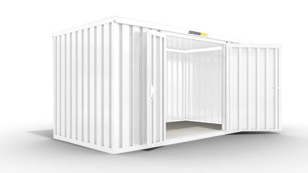 Isolierter Lagercontainer – 8 qm, 2465 x 4050 x 2170 mm, grauweiß, mit isoliertem Boden, 1840 mm Doppelflügeltür mittig in Breitseite, montiert