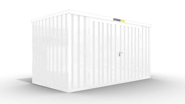 Isolierter Lagercontainer – 6 qm, 2405 x 3050 x 2170 mm, grauweiß, mit Holzfußboden, 2400 mm Doppelflügeltür mittig in Breitseite, montiert