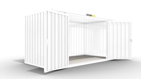 Isolierter Lagercontainer – 6 qm, 2405 x 3050 x 2170 mm, grauweiß, mit Holzfußboden, 2400 mm Doppelflügeltür mittig in Breitseite, montiert