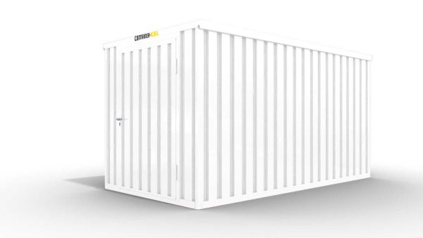 Isolierter Lagercontainer – 8 qm, 2405 x 4050 x 2170 mm, grauweiß, mit Holzfußboden, 1180 mm Einflügeltür mittig in Stirnseite, montiert