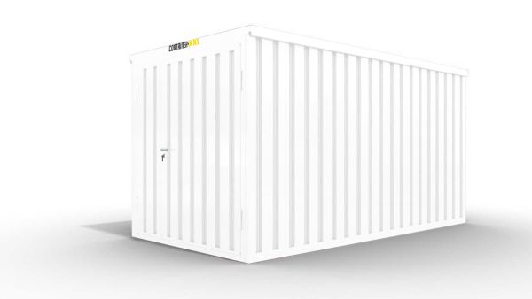 Isolierter Lagercontainer – 10 qm, 2405 x 5080 x 2170 mm, grauweiß, mit Holzfußboden, 1840 mm Doppelflügeltür mittig in Stirnseite, montiert