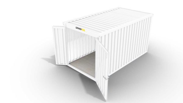 Isolierter Lagercontainer – 6 qm, 2405 x 3050 x 2170 mm, grauweiß, mit Holzfußboden, 1840 mm Doppelflügeltür mittig in Stirnseite, montiert