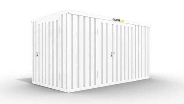 Isolierter Lagercontainer – 10 qm, 2465 x 5080 x 2170 mm, verzinkt, mit isoliertem Boden, 1840 mm Doppelflügeltür mittig in Breitseite und 1180 mm Einflügeltür mittig in Stirnseite, montiert