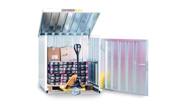 Materialcontainer mit Einflügeltür – 1 qm, H1470 x B1420 x T1490 mm, verzinkt, ohne Fußboden, 1270 mm Einflügeltür mittig in Breitseite, Erfolgt fertig montiert