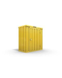 Lagercontainer XS  – 2 qm, H2150 x B2100 x T1140 mm, Außenwandlackierung RAL 1003 signalgelb, Dach außen verzinkt, mit Holzfußboden, 1270 mm Einflügeltür mittig in Breitseite, montiert