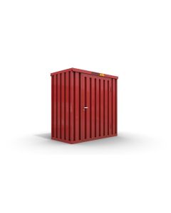 Lagercontainer XS  – 2 qm, H2150 x B2100 x T1140 mm, Außenwandlackierung RAL 3000 feuerrot, Dach außen verzinkt, mit Holzfußboden, 1270 mm Einflügeltür mittig in Breitseite, montiert