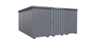 Lagercontainer - Schnellbaucontainer 16 qm, L4100xB4200 mm, Höhe 2100 mm, Einflügeltür mittig in Längsseite, Boden OSB 3 Platte, verzinkt
