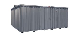 Lagercontainer - Schnellbaucontainer 20 qm, L5100xB4330 mm, Höhe 2315 mm, Doppelflügeltür mittig in Längsseite, Boden OSB 3 Platte, verzinkt