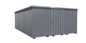 Lagercontainer - Schnellbaucontainer 24 qm, L4100xB6300 mm, Höhe 2100 mm, Einflügeltür mittig in Längsseite, Boden OSB 3 Platte, verzinkt