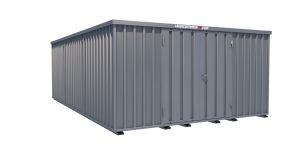 Lagercontainer - Schnellbaucontainer 24 qm, L4100xB6300 mm, Höhe 2100 mm, Doppelflügeltür mittig in Längsseite, Boden OSB 3 Platte, verzinkt