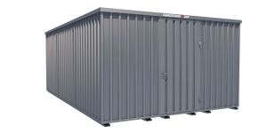 Lagercontainer - Schnellbaucontainer 24 qm, L4100xB6300 mm, Höhe 2445 mm, Einflügeltür mittig in Längsseite, Boden OSB 3 Platte, verzinkt