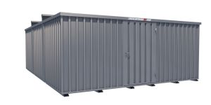 Lagercontainer - Schnellbaucontainer 30 qm, L5100xB6560 mm, Höhe 2315 mm, Einflügeltür mittig in Längsseite, Boden OSB 3 Platte, verzinkt