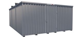 Lagercontainer - Schnellbaucontainer 30 qm, L5100xB6560 mm, Höhe 2660 mm, Einflügeltür mittig in Längsseite, Boden OSB 3 Platte, verzinkt