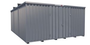 Lagercontainer - Schnellbaucontainer 30 qm, L5100xB6560 mm, Höhe 2660 mm, Doppelflügeltür mittig in Längsseite, Boden OSB 3 Platte, verzinkt
